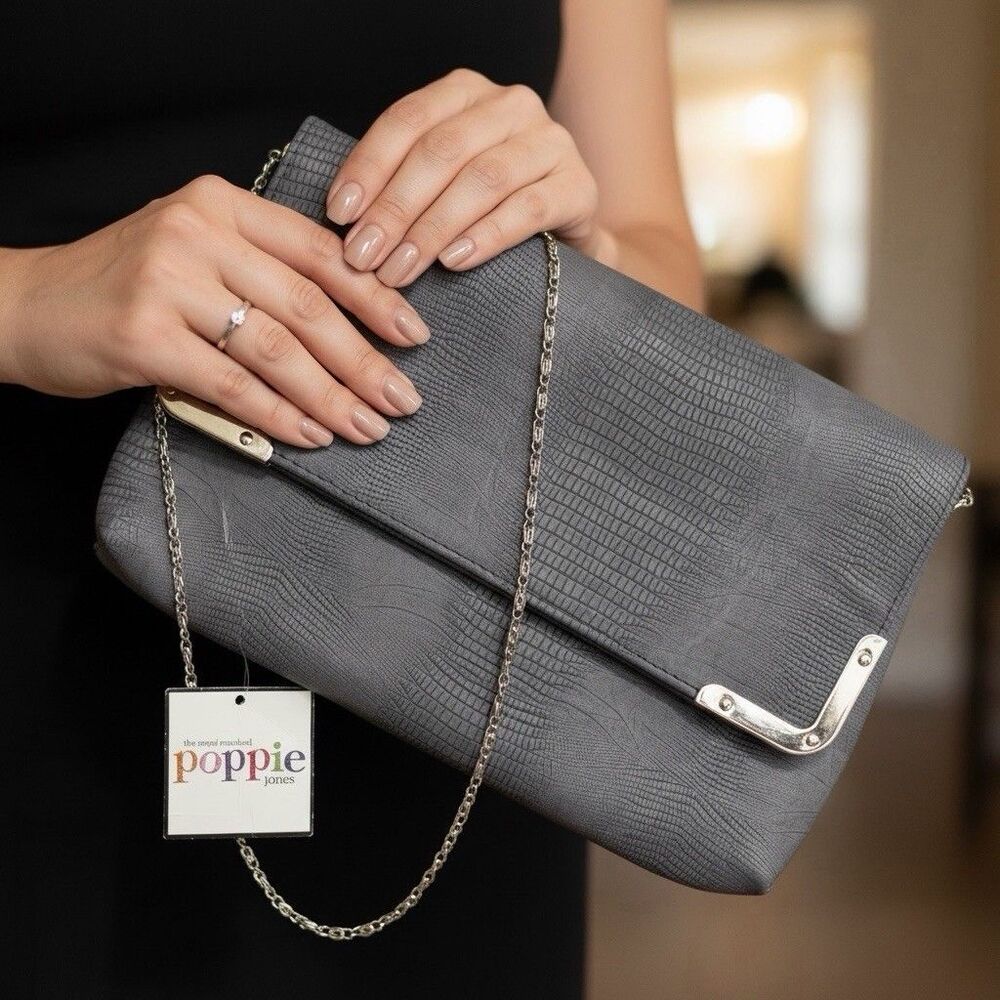 Poppie Jones Gray Croc Embossed Clutch Purse Silver Chain Shoulder Bag NWT